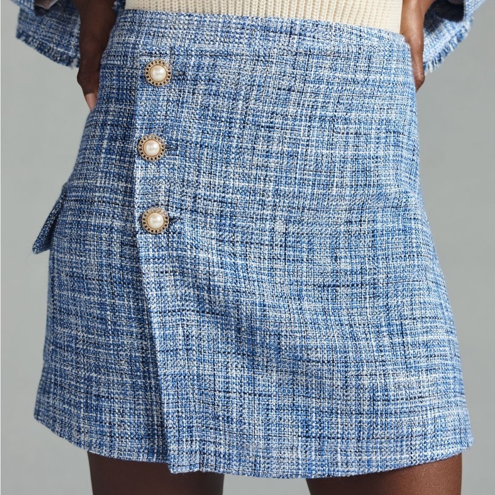 Anthropologie Maeve Tweed Skirt Blue White Button Front Boucle Career Sz 10 NEW